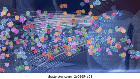 Image of network of connections with icons, globe and binary coding over business people. global business, connections, digital interface and technology concept digitally generated image. - Powered by Shutterstock - Get 15% off with code: PIKWIZARD15