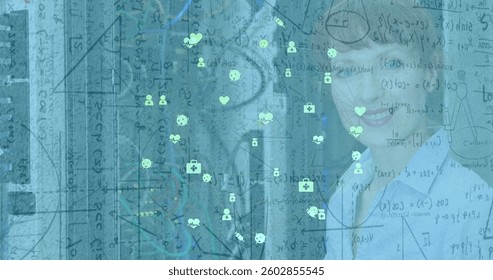 Image of network of connections with icons and mathematical data over woman checking computer server. digital interface global connection and communication concept digitally generated image. - Powered by Shutterstock - Get 15% off with code: PIKWIZARD15