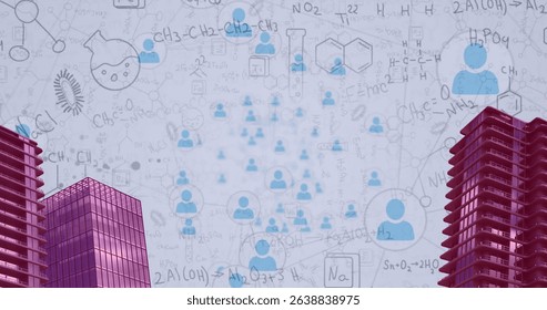 Image of network of connections with icons and mathematical equations over modern buildings. Global connections and digital interface concept digitally generated image. - Powered by Shutterstock - Get 15% off with code: PIKWIZARD15