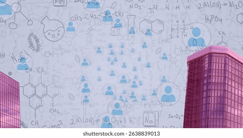 Image of network of connections with icons and mathematical equations over modern buildings. Global connections and digital interface concept digitally generated image. - Powered by Shutterstock - Get 15% off with code: PIKWIZARD15