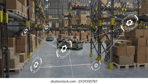 Image of network of connections with icons over robots working in warehouse. Global shipping, business, connections, computing and data processing concept digitally generated image. - Powered by Shutterstock