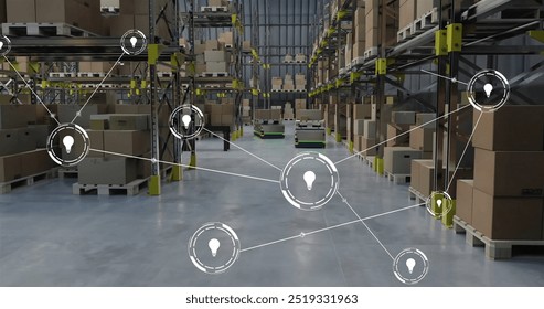 Image of network of connections with icons over robots working in warehouse. Global shipping, business, connections, computing and data processing concept digitally generated image.