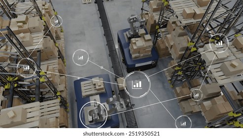 Image of network of connections with icons over robot in warehouse. Global shipping, business, connections, computing and data processing concept digitally generated image.