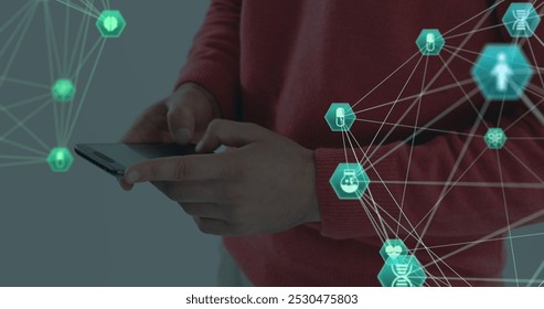 Image of network of connections with icons over person using smartphone. Global connections, data processing and digital interface concept digitally generated image. - Powered by Shutterstock