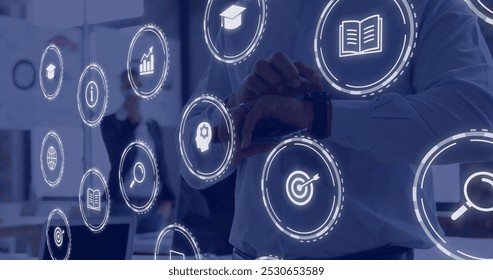 Image of network of connections with icons over caucasian man using smartphone. Global communication, business, connections, computing and data processing concept digitally generated image. - Powered by Shutterstock