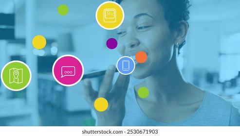 Image of network of connections and icons over businesswoman wearing phone headset. Global communication business digital interface technology and networking concept digitally generated image. - Powered by Shutterstock