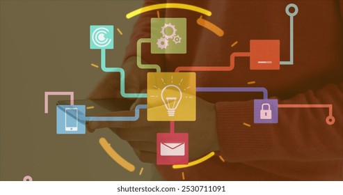 Image of network of connections with icons over man using smartphone. Global data processing, networks, connections, finance and business concept digitally generated image.