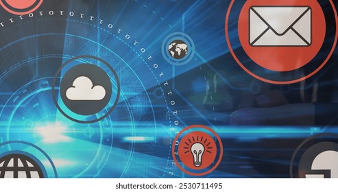 Image of network of connections with icons over man using smartphone. Global data processing, networks, connections, finance and business concept digitally generated image.