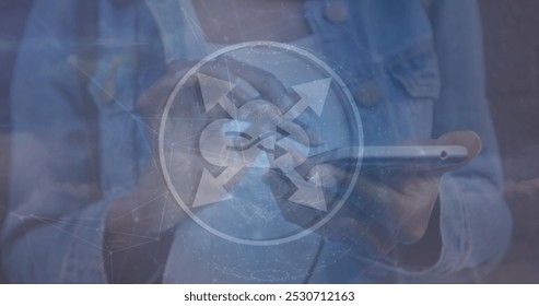 Image of network of connections with icons over woman using smartphone. Global data processing, networks, connections, finance and business concept digitally generated image.