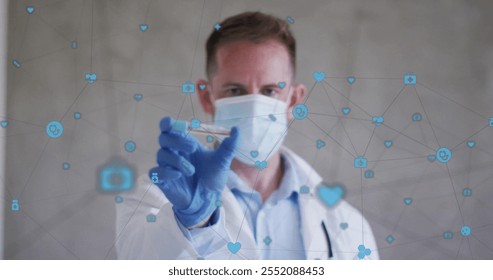 Image of network of connections with icons over caucasian male doctor holding vial. Global medicine, healthcare, connections and digital interface concept digitally generated image. - Powered by Shutterstock