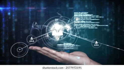 Image of network of connections with icons over hand with globe and data processing. Global business and digital interface concept digitally generated image.