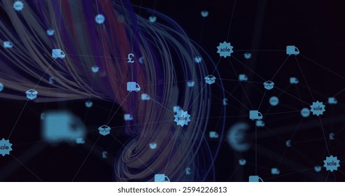 Image of network of connections with icons over light trails. Global connections, computing and data processing concept digitally generated image.
