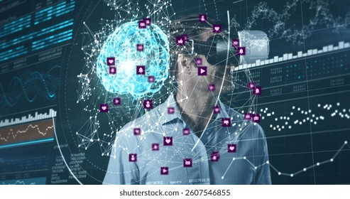 Image of network of connections with icons over man wearing vr headset and data processing. global data processing, digital interface, technology and networking concept digitally generated image.