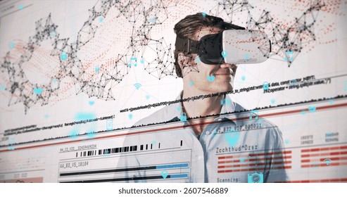 Image of network of connections with icons over man wearing vr headset and data processing. global data processing, digital interface, technology and networking concept digitally generated vide