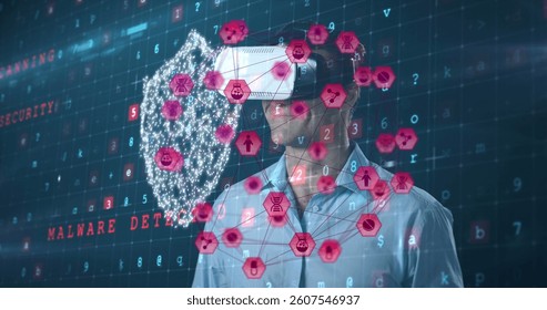 Image of network of connections with icons over man wearing vr headset and data processing. global data processing, digital interface, technology and networking concept digitally generated vide