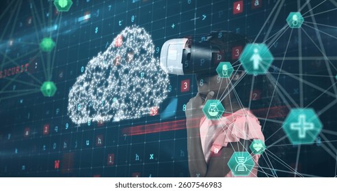 Image of network of connections with icons over girl wearing vr headset and data processing. global data processing, digital interface, technology and networking concept digitally generated vide