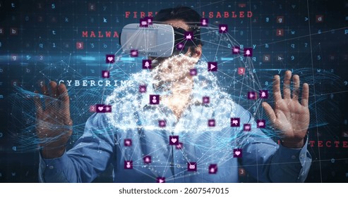 Image of network of connections with icons over man wearing vr headset and data processing. global data processing, digital interface, technology and networking concept digitally generated vide