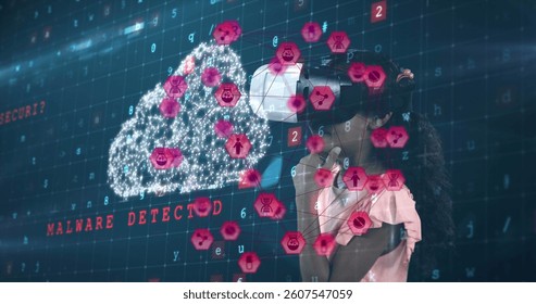 Image of network of connections with icons over girl wearing vr headset and data processing. global data processing, digital interface, technology and networking concept digitally generated vide