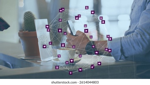 Image of network of connections with icons over caucasian man scanning qr code. global business and digital interface concept digitally generated image.