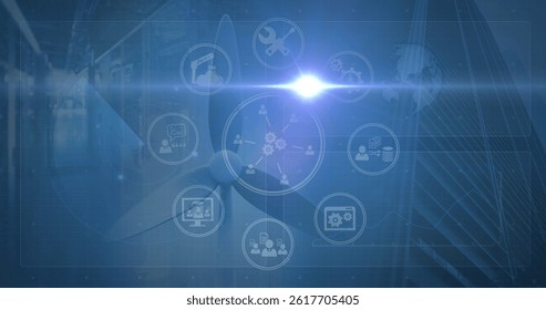 Image of network of connections with icons over blue background. global connections, data processing and technology concept digitally generated image.