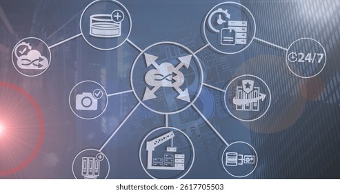 Image of network of connections with icons over server room. global connections, data processing and technology concept digitally generated image.
