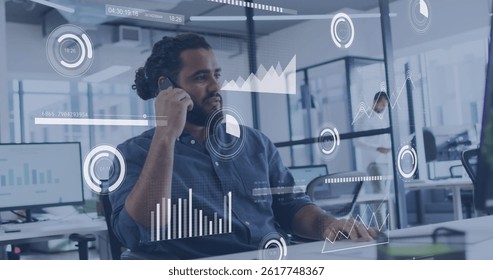 Image of network of connections with icons over biracial businessman using smartphone. Global connections, networks and data processing concept digitally generated image.
