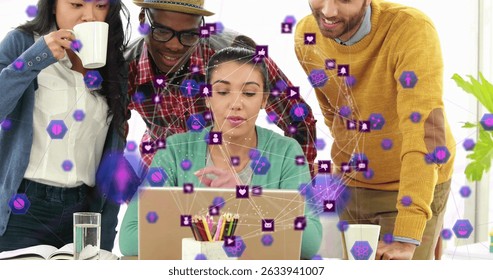 Image of network of connections with icons over diverse group of business people. Global business, finances, data processing and digital interface concept digitally generated image.