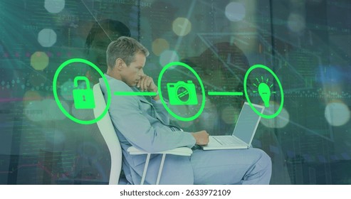 Image of network of connections with icons over caucasian businessman and diverse people. Global technology, data processing and digital interface concept digitally generated image.