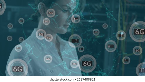 Image of network of connections and icons over caucasian women. Global connections, data processing and digital interface concept digitally generated image.
