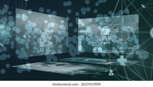 Image of network of connections with icons over data processing. Global business, computing and digital interface concept digitally generated image.