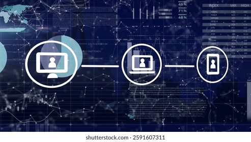 Image of network of connections with icons and statistics over dark background. Global connections, computing and data processing concept digitally generated image.