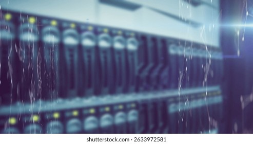 Image of network of connections and light trails over server room. Global technology, computing and digital interface concept digitally generated image.