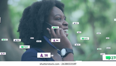 Image of network of connections with media icons over woman using smartphone. Global networks data processing digital interface and technology concept digitally generated image.