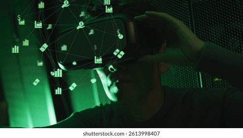 Image of network of connections over asian male it engineer with vr headset by computer server. data processing, cloud computing concept and technology concept digitally generated image.