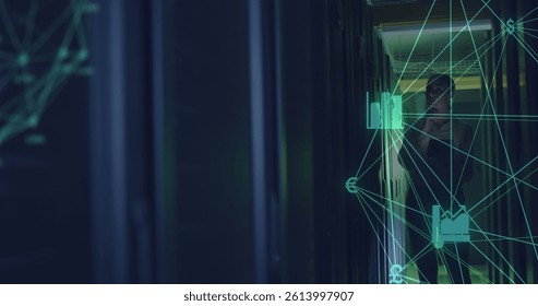 Image of network of connections over caucasian female it engineer with tablet by computer server. data processing, cloud computing concept and technology concept digitally generated image.