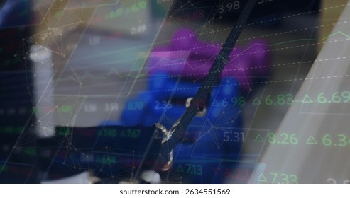 Image of network of connections over caucasian businesswoman using smartphone. Global business data processing networking communication and digital interface concept digitally generated image.