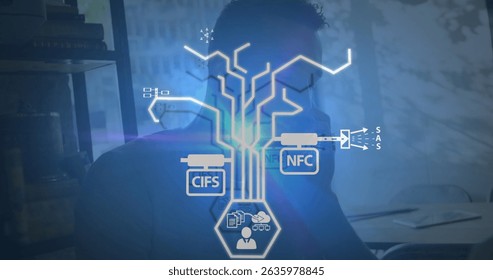 Image of network of connections over caucasian men using smartphone. Global business, finances, digital interface and connections concept digitally generated image.