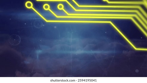 Image of network of connections over circuit board. Global connections, computing and data processing concept digitally generated image.