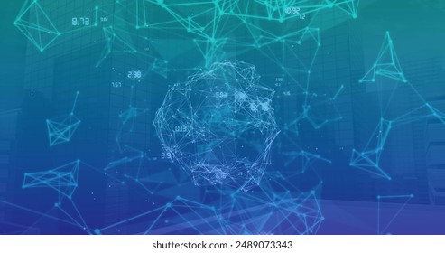 Image of network of connections over cityscape. Global networks, connections, finance and business concept digitally generated image.
