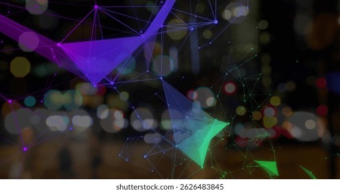 Image of network of connections over cityscape. Global science, connections, data processing and digital interface concept digitally generated image.