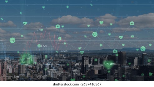 Image of network of connections over cityscape. Global business, finances, data processing and digital interface concept digitally generated image.
