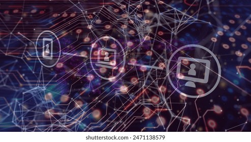 Image of network of connections over computer boy wearing vr headset. Global networking and technology concept.