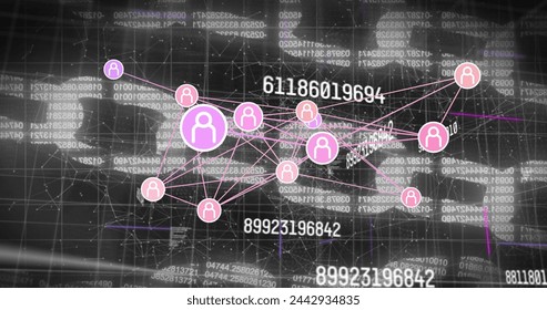 Image of network of connections over data processing on black background. technology, computing and digital interface concept digitally generated image.
