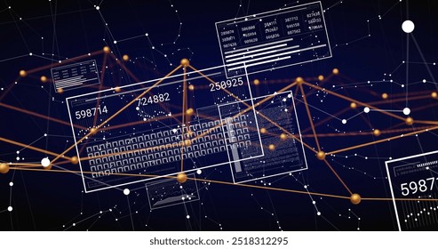 Image of network of connections over data processing. Technology and digital interface concept digitally generated image.