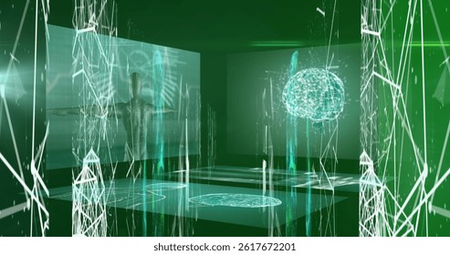 Image of network of connections over data processing on green background. global connections, data processing and digital interface concept digitally generated image.
