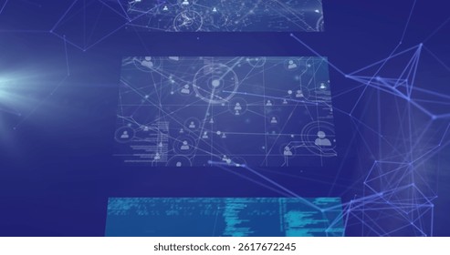 Image of network of connections over data processing on blue background. global connections, data processing and digital interface concept digitally generated image.