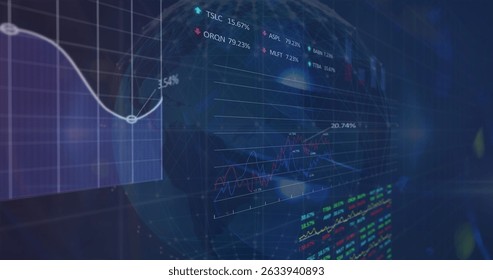 Image of network of connections over data processing. Global finance economy technology and digital interface concept digitally generated image.