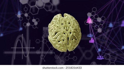 Image of network of connections over digital brain and data processing. Technology and digital interface concept digitally generated image.