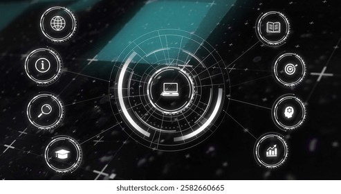 Image of network of connections over digital icons on black background. Global connections, computing and data processing concept digitally generated image.