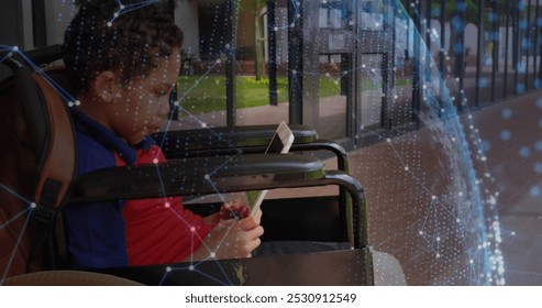 Image of network of connections over disabled african american schoolboy sitting in wheelchair. International day of persons with disabilities concept digitally generated image. - Powered by Shutterstock